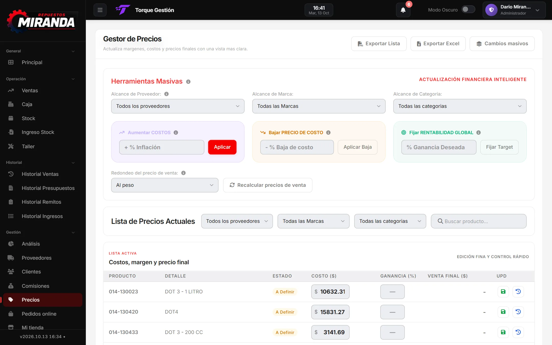 Pantalla Precios del sistema