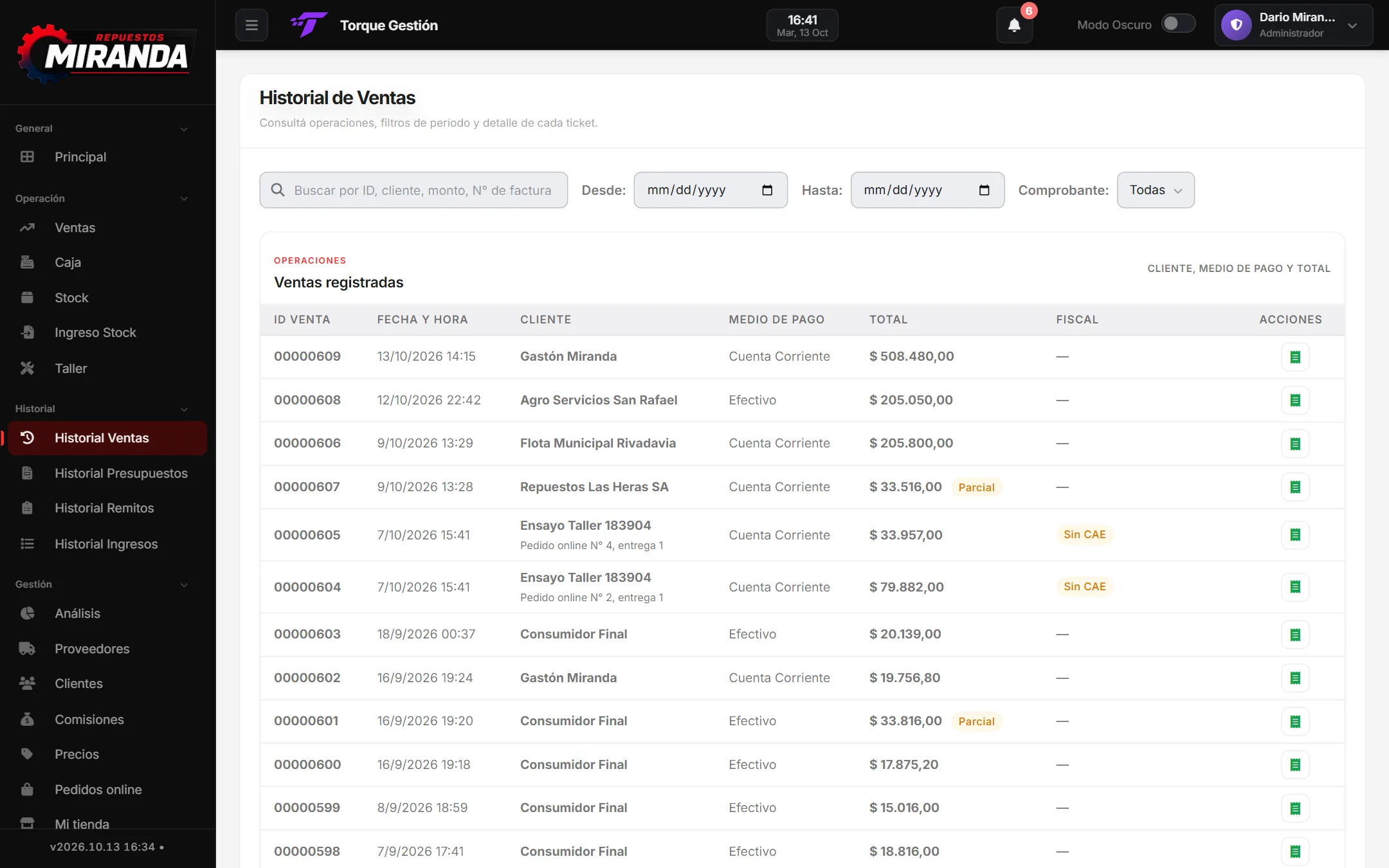Pantalla Historial Ventas del sistema