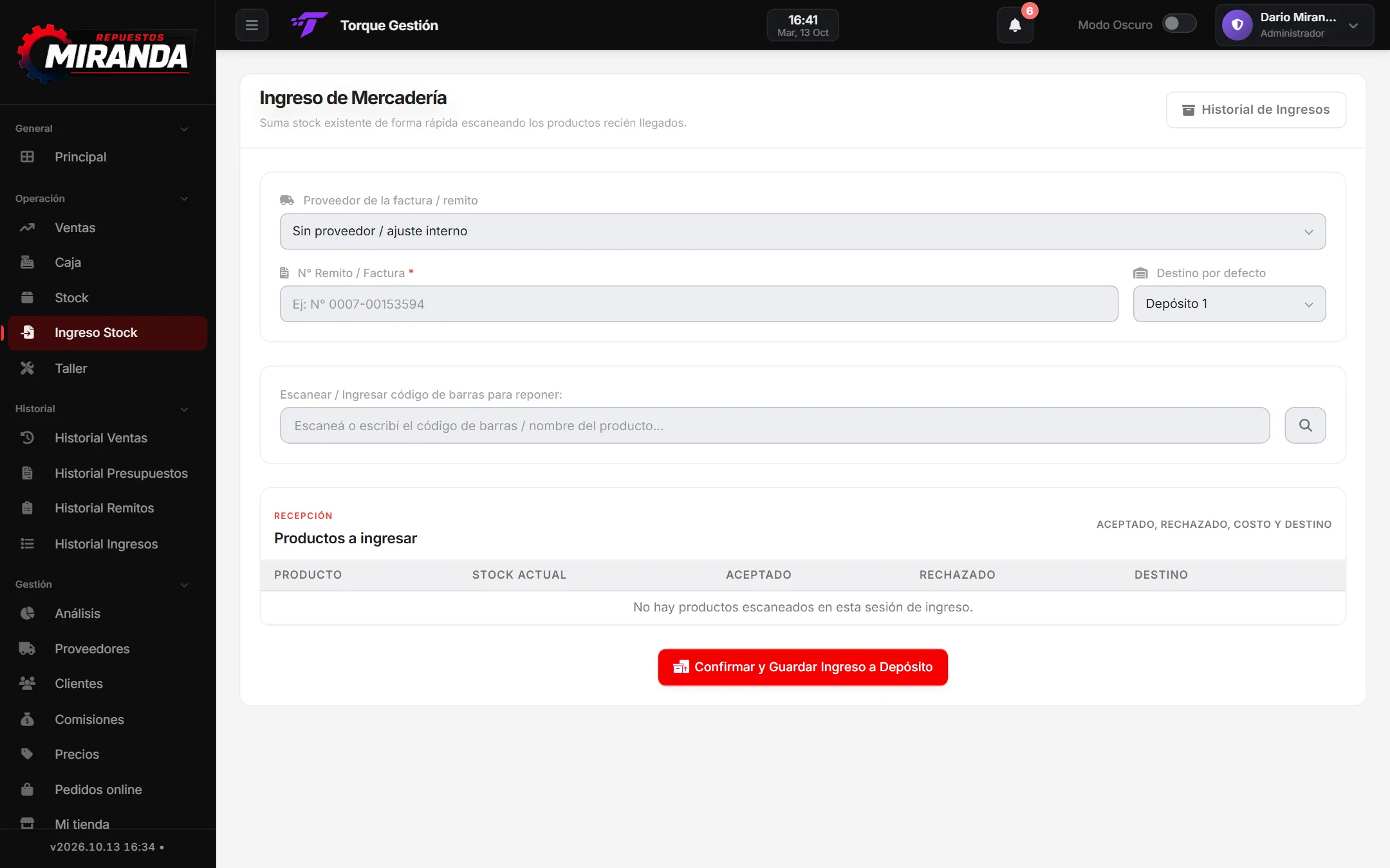 Pantalla Ingreso Stock del sistema