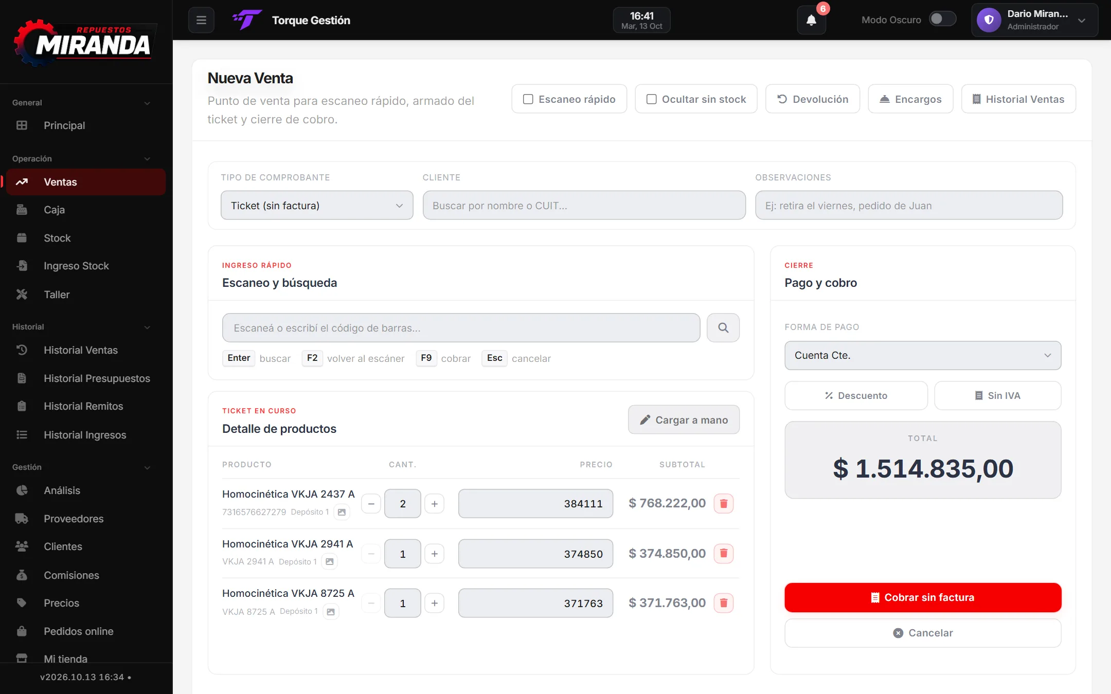 Pantalla Ventas del sistema
