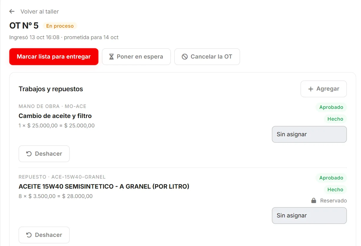 Orden en proceso: cambio de aceite hecho y repuesto reservado del stock