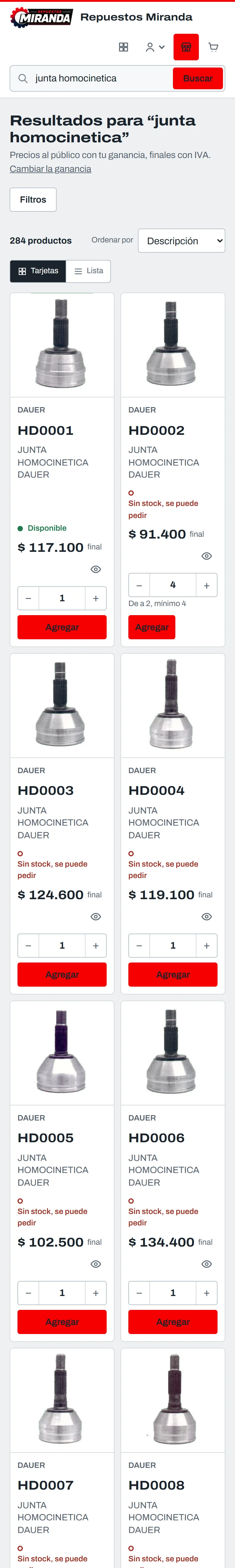Catálogo de la tienda con productos disponibles