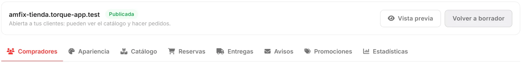 Mi tienda: dirección publicada y pestañas de configuración